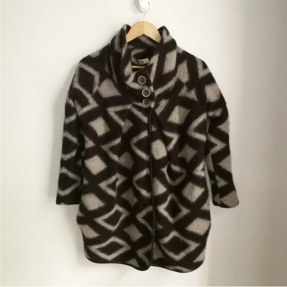 Italian Neutrals Lagenlook Oversized Boiled Wool Diamond Print Coat Size Large